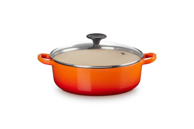 Sauteuse provençale en fonte émaillée avec couvercle en verre et bouton phénolique