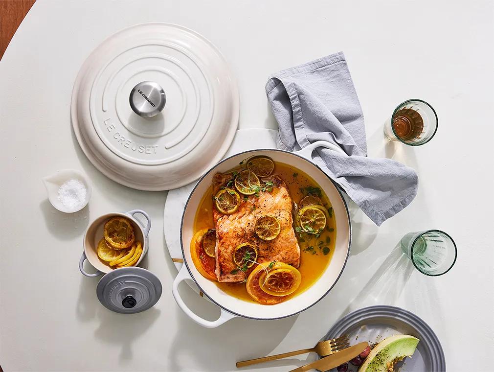 Saumon poché au four au vin blanc, miel et citron