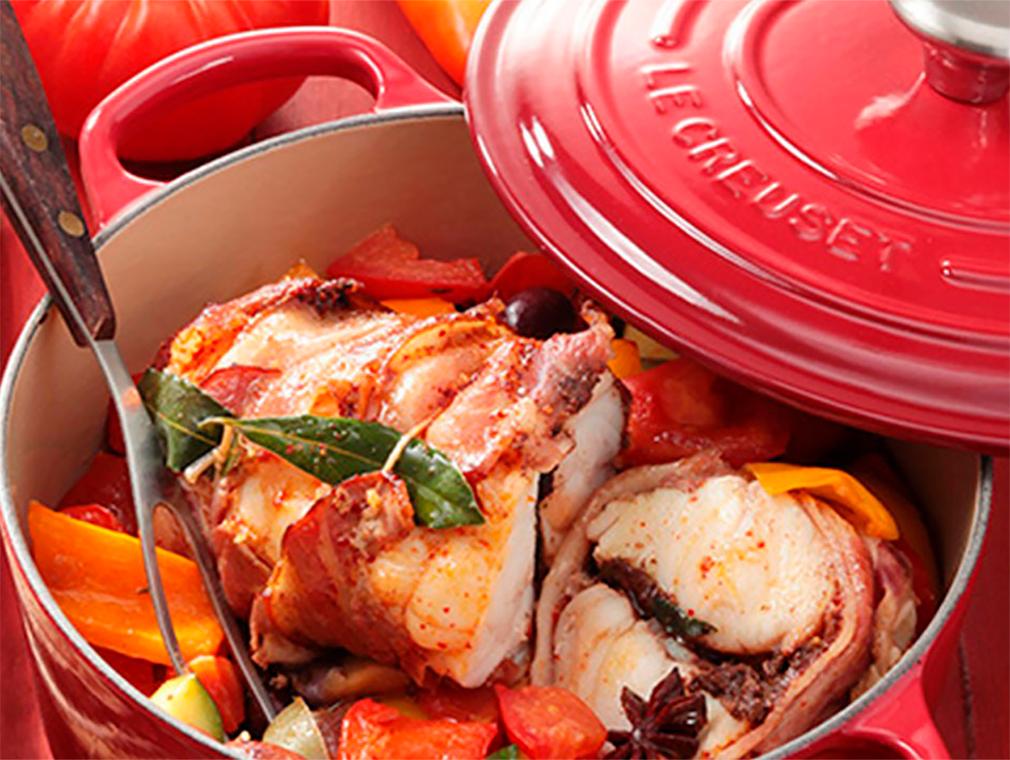 Rôti de lotte enlardé et ratatouille aux légumes provençaux